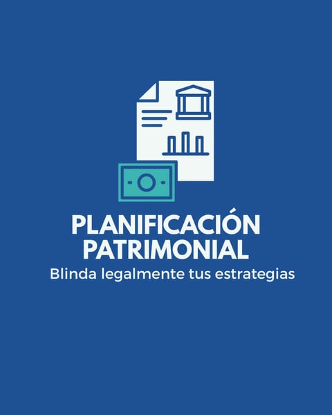 Icon showing document with building and chart symbols representing financial planning, with text Planificación Patrimonial