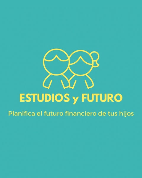 Ilustración amarilla de dos niños tomados de la mano con texto estudios y futuro y lema sobre planificar el futuro financiero de los hijos