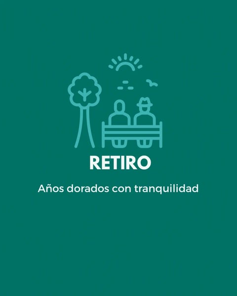 Icono de dos personas mayores sentadas en un banco bajo un árbol y sol con texto retiro y subtítulo en español
