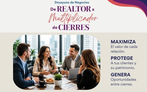 Four business professionals in formal attire having a networking meeting with laptops and documents at a modern office with city views