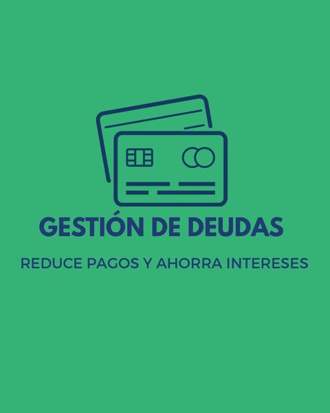 Ilustración de gestión de deudas con iconos de tarjetas de crédito y texto gestión de deudas, reduce pagos y ahorra intereses