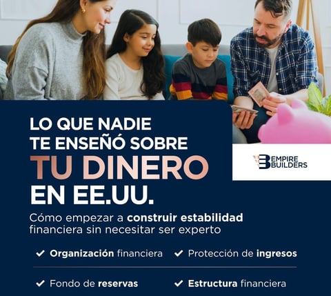 Family of four reviewing financial documents together with text about building financial stability without expertise from Empire Builders