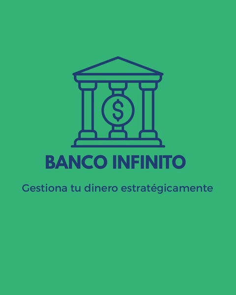 Banco Infinito logo con edificio bancario con signo de dólar y lema gestiona tu dinero estratégicamente en fondo verde