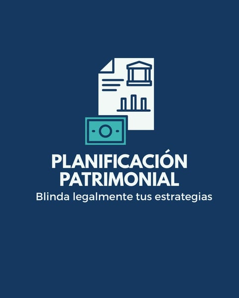 Planificación Patrimonial graphic with financial planning icons and text on dark blue background